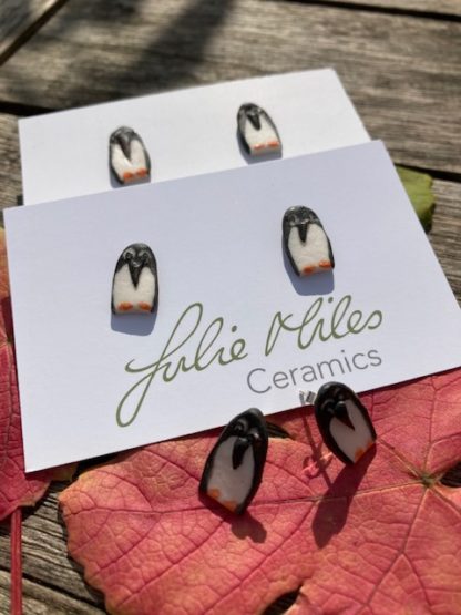 porcelain penguin earrings with sterling silver suds and scrolls - Image 2